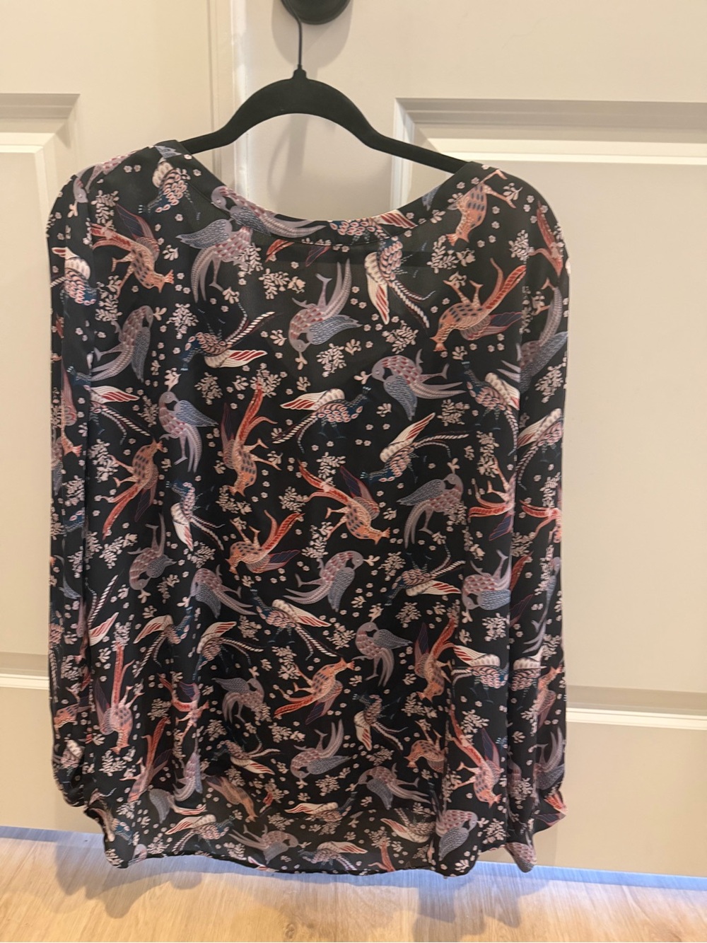 LOFT Outlet Bird Print Tie Back Blouse Black Multicolor Long Sleeve XL